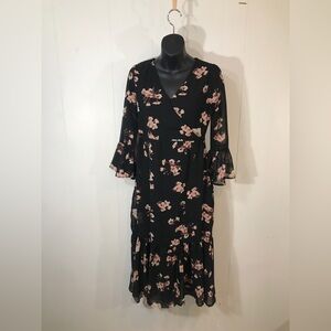 Sassafras Black and Pink Floral Wrap Maxi Dress Lined 3/4 Bell Sleeves Medium